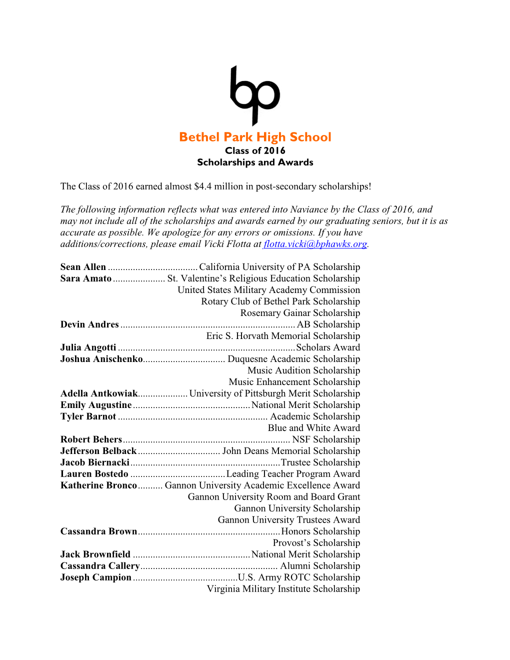 Class of 2016 Scholarships and Awards