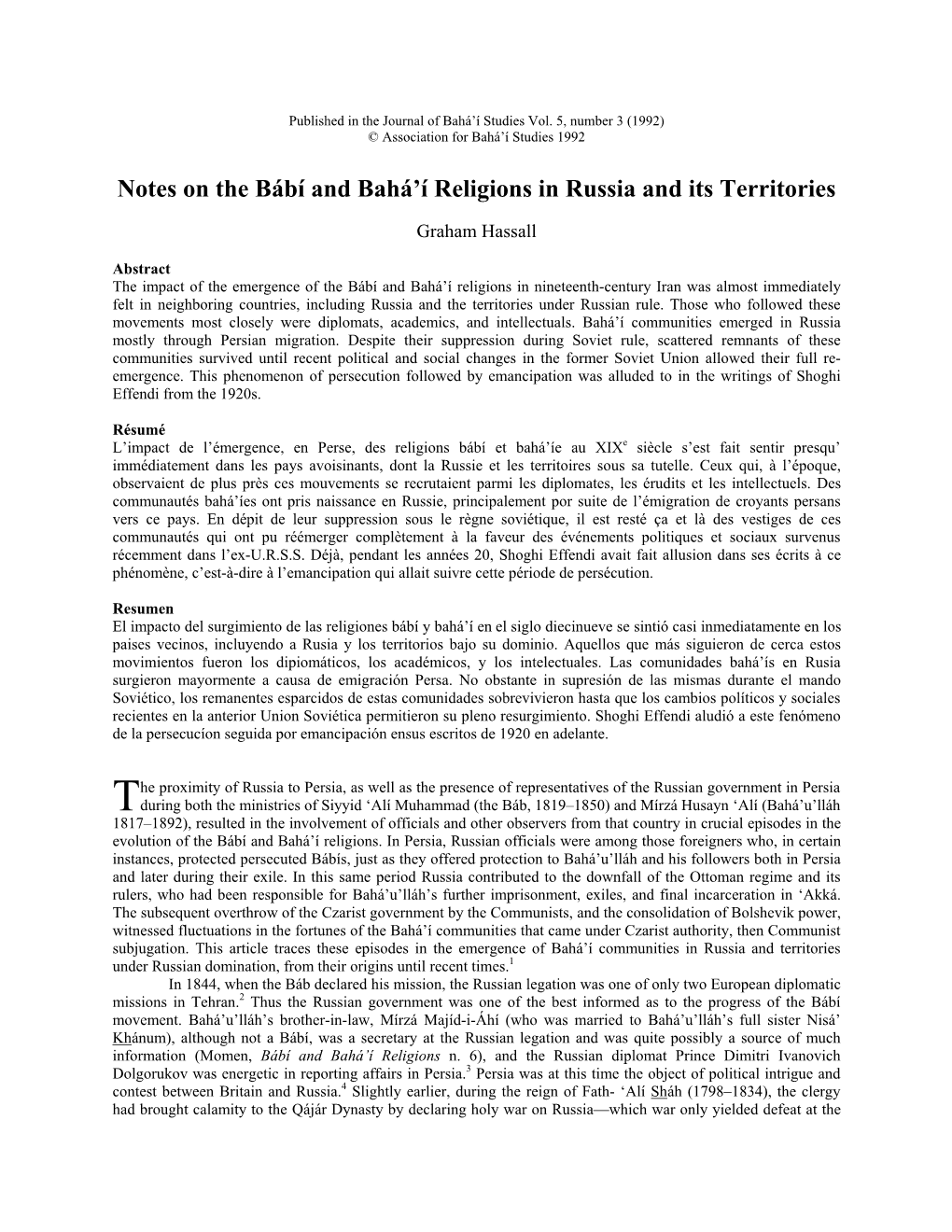 Notes on the Bábí and Bahá'í Religions in Russia and Its Territories