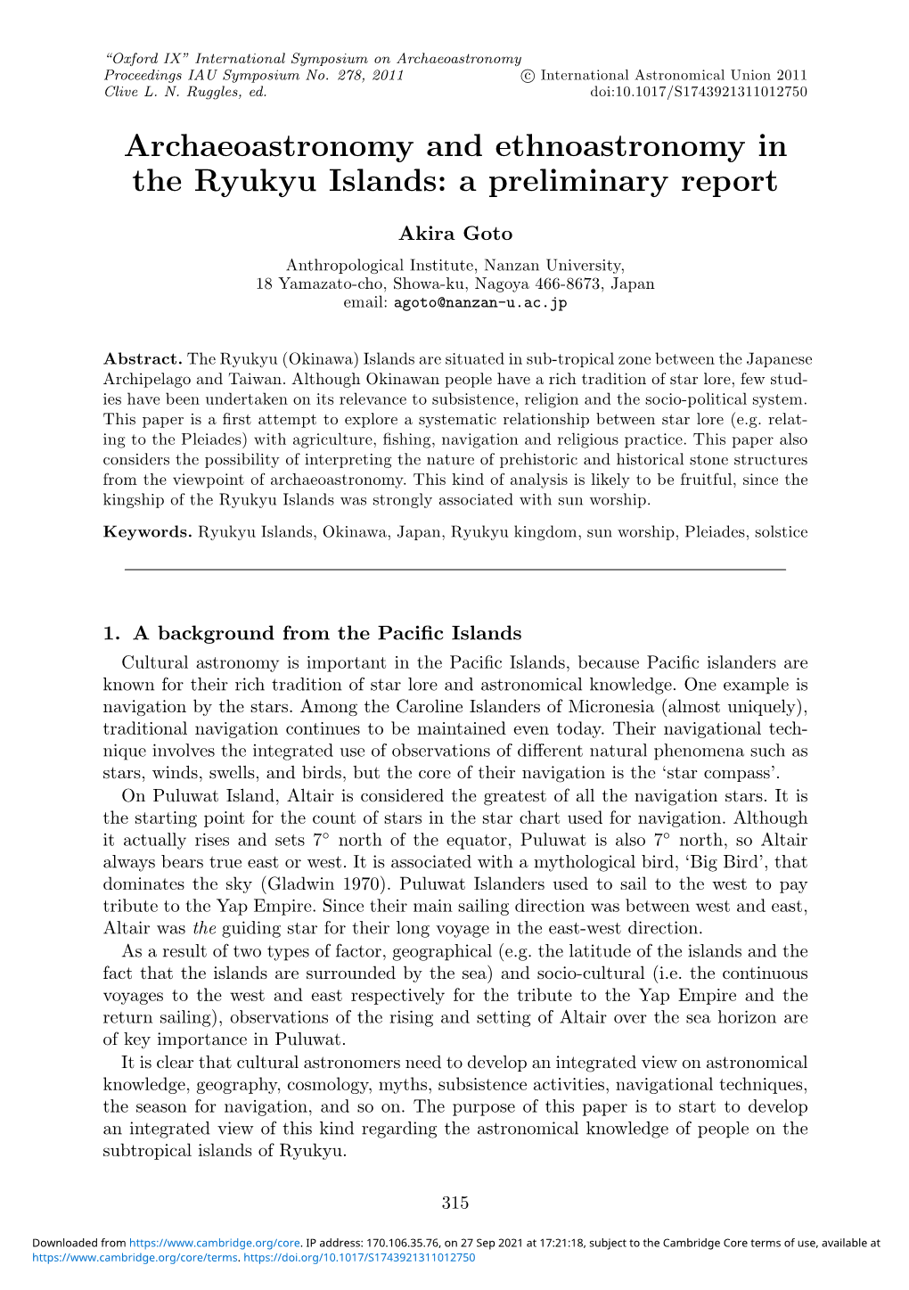 Archaeoastronomy and Ethnoastronomy in the Ryukyu Islands: a Preliminary Report