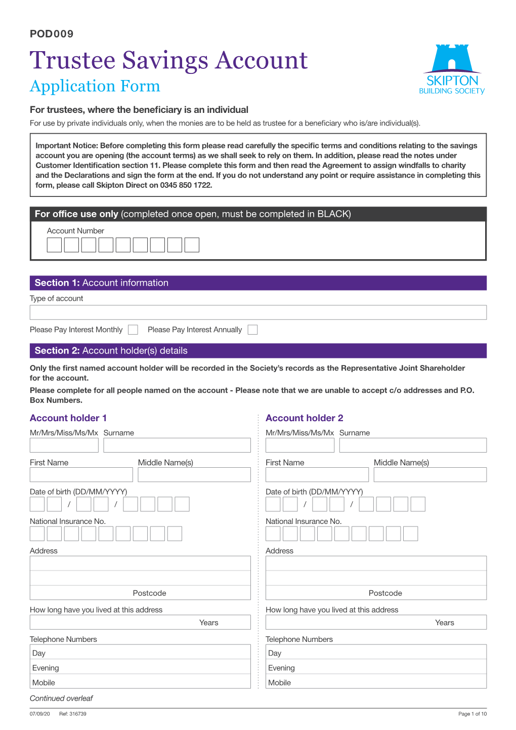 Trustee Savings Account Application Form