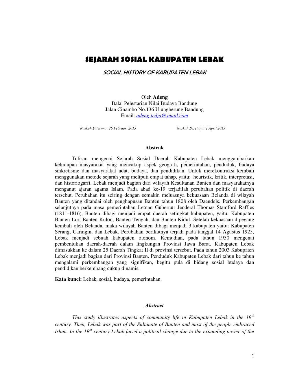 Sejarah Sosial Kabupaten Lebak Social History of Kabupaten Lebak