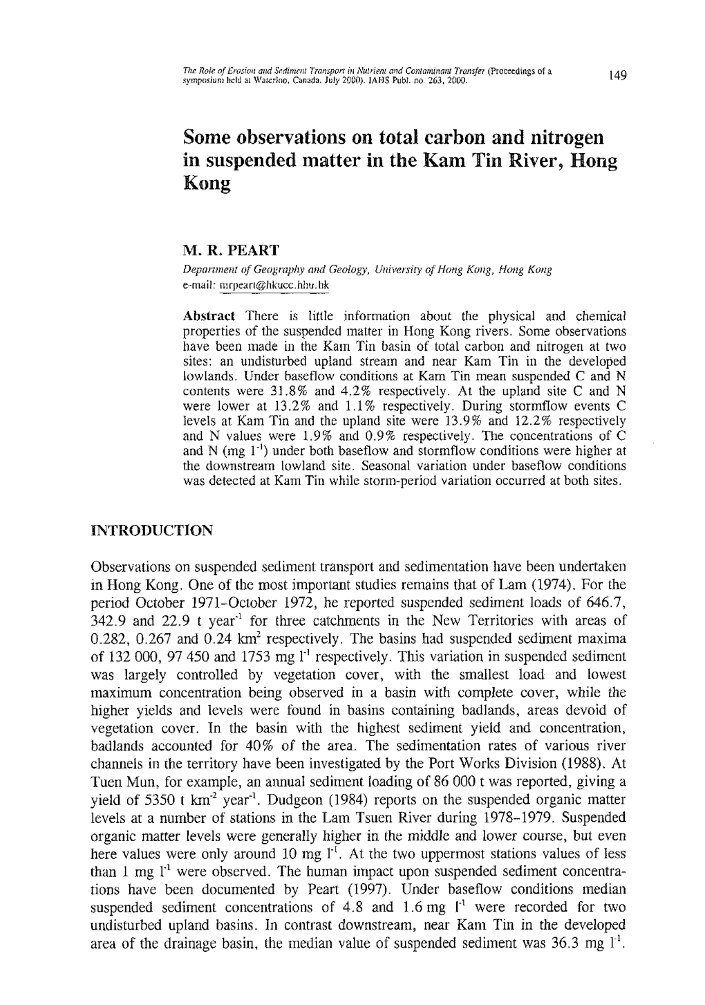 Some Observations on Total Carbon and Nitrogen in Suspended Matter in the Kam Tin River, Hong Kong