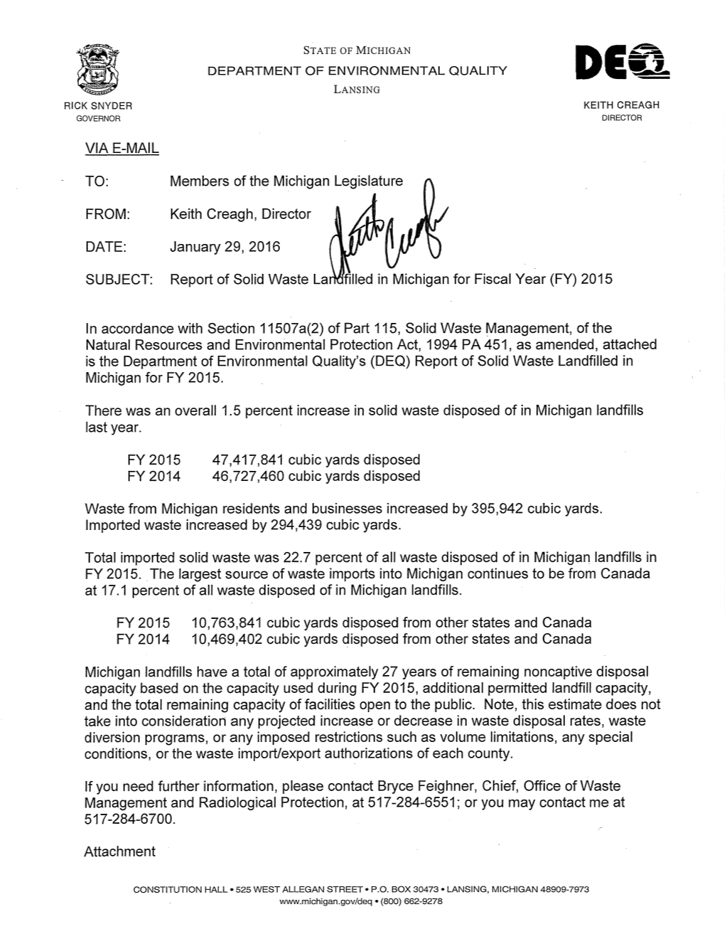 Report on Solid Waste Landfilled in Michigan for 1996