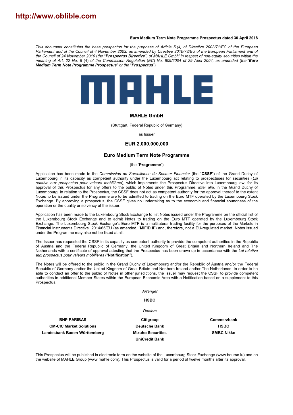 Prospectus Brochure of the Bond MAHLE