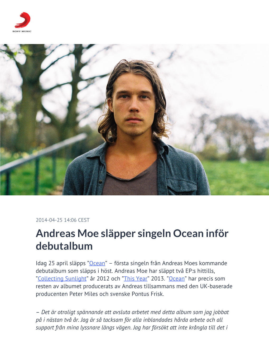 Andreas Moe Släpper Singeln Ocean Inför Debutalbum