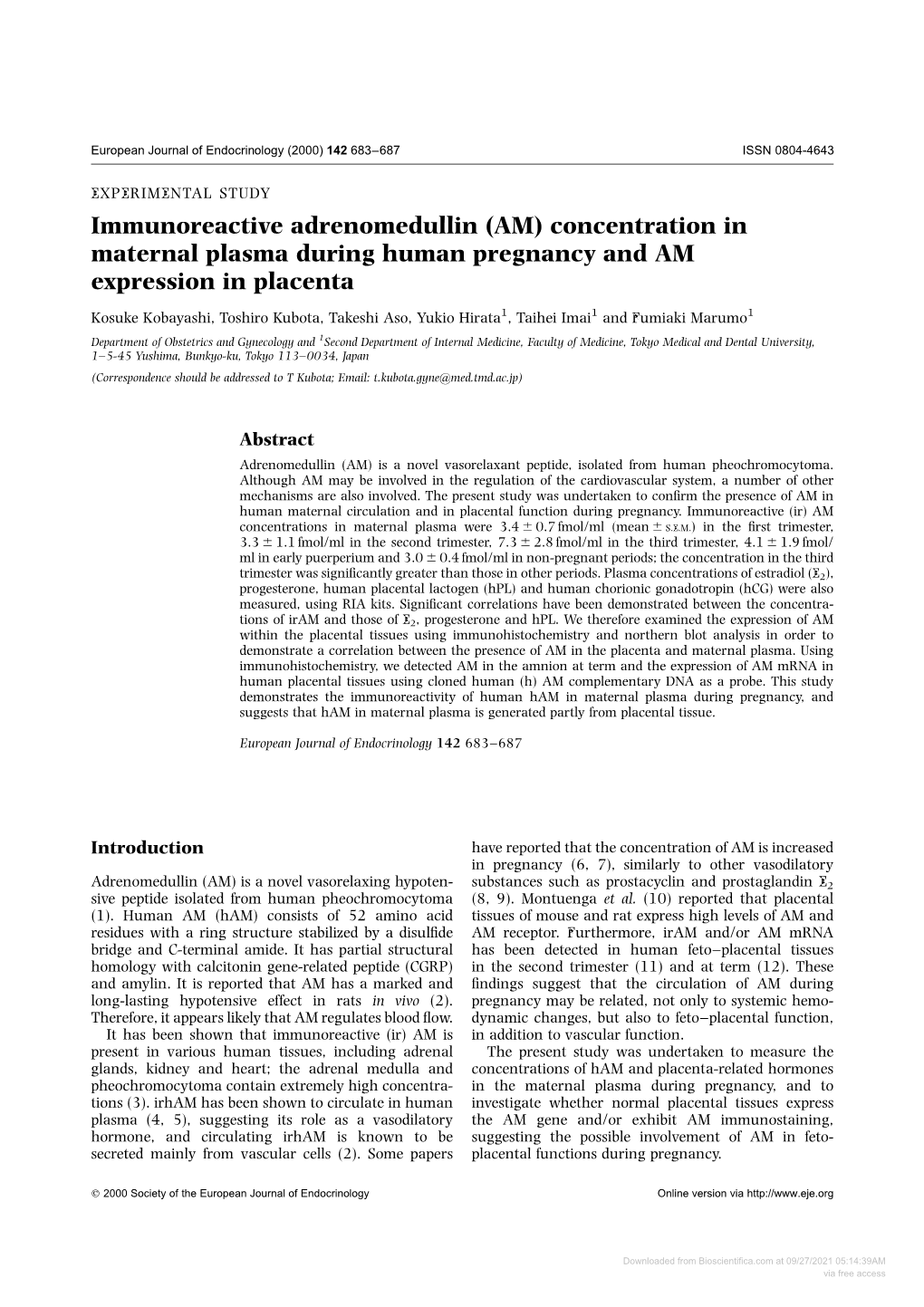 Immunoreactive Adrenomedullin (AM) Concentration in Maternal Plasma During Human Pregnancy and AM Expression in Placenta