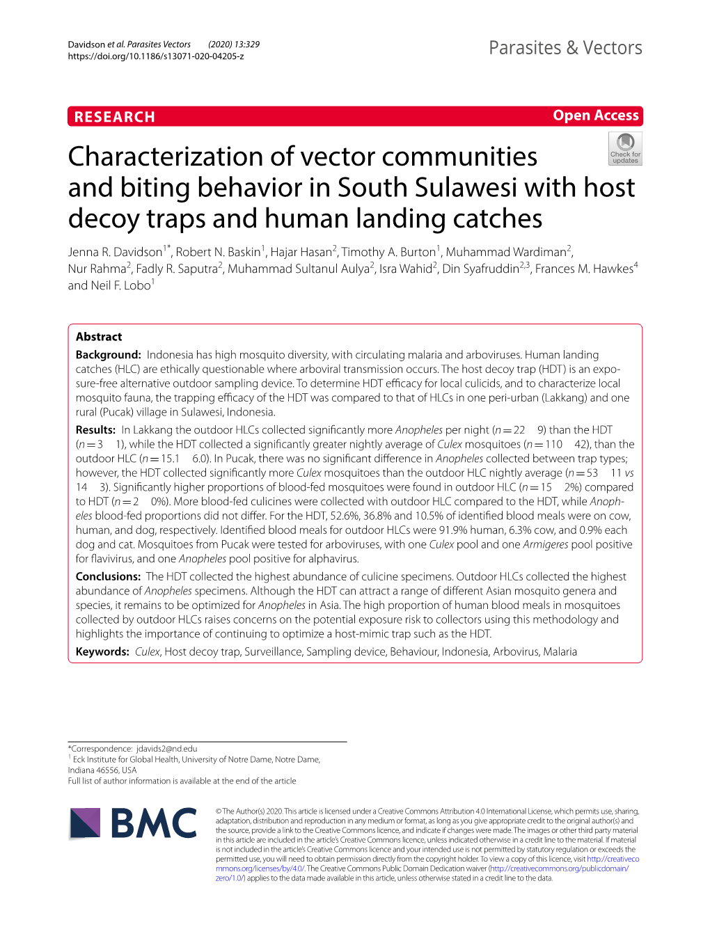 Characterization of Vector Communities and Biting Behavior in South Sulawesi with Host Decoy Traps and Human Landing Catches Jenna R