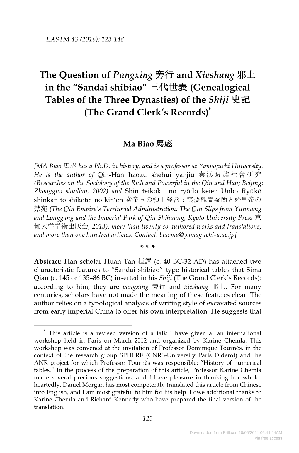 Sandai Shibiao” ���� (Genealogical Tables of the Three Dynasties) of the Shiji �� (The Grand Clerk’S Records)*
