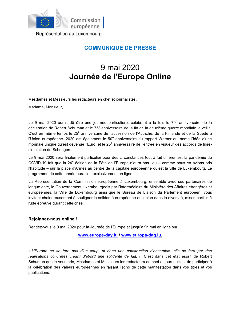 9 Mai 2020 Journée De L'europe Online