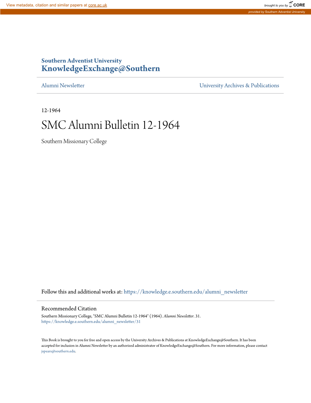 SMC Alumni Bulletin 12-1964 Southern Missionary College
