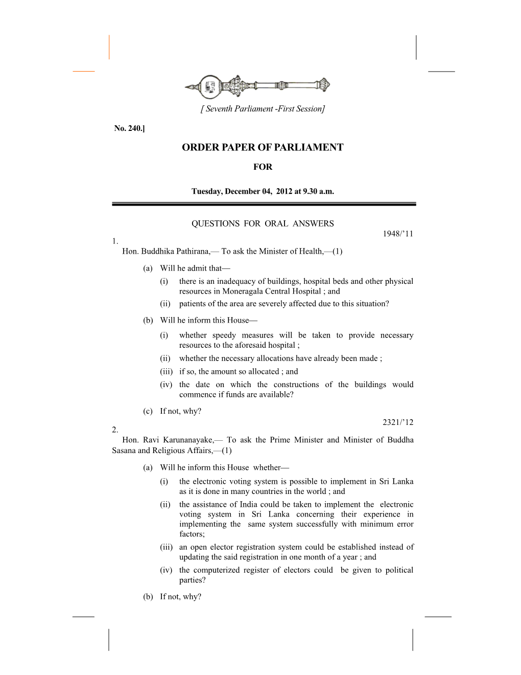 Order Paper of Parliament