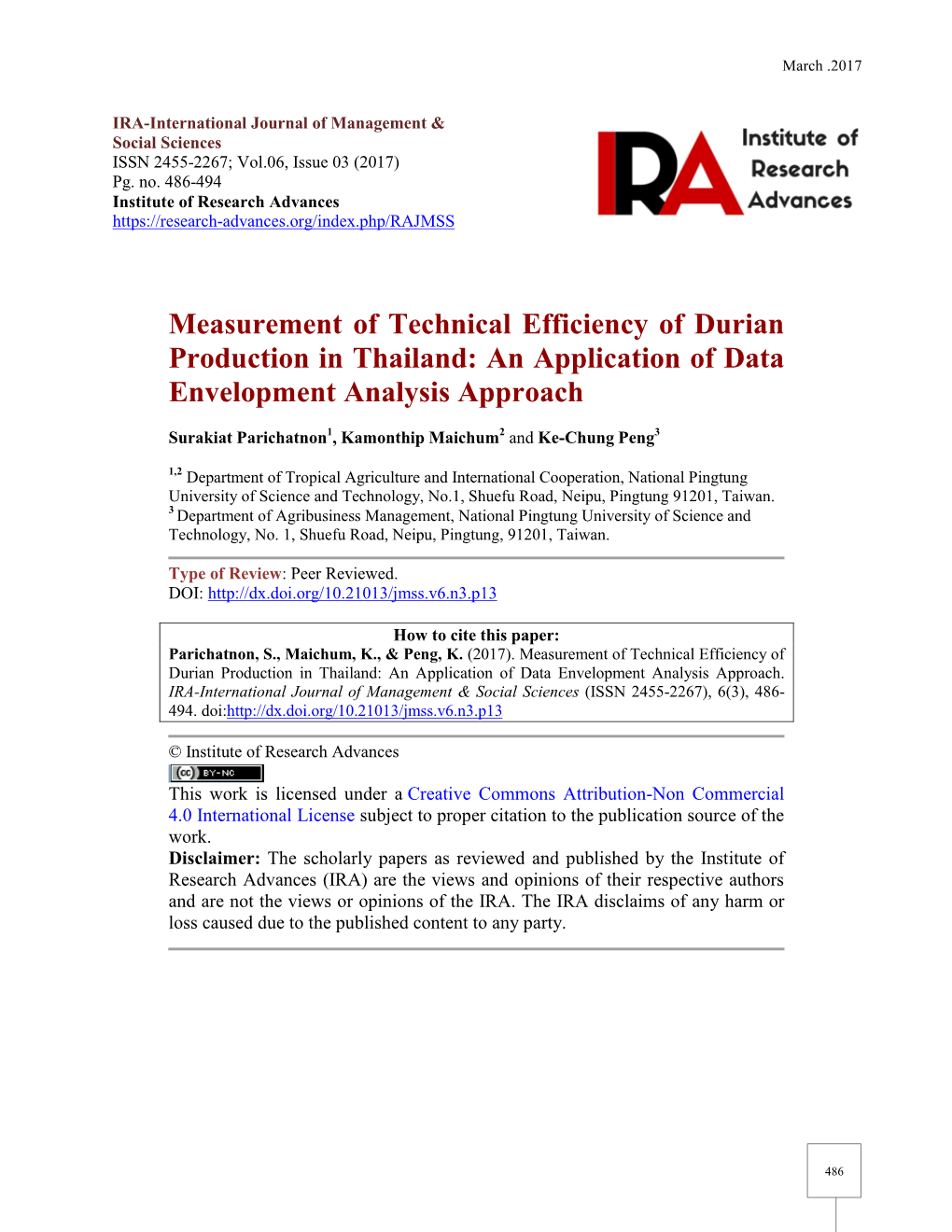 Measurement of Technical Efficiency of Durian Production in Thailand: an Application of Data Envelopment Analysis Approach