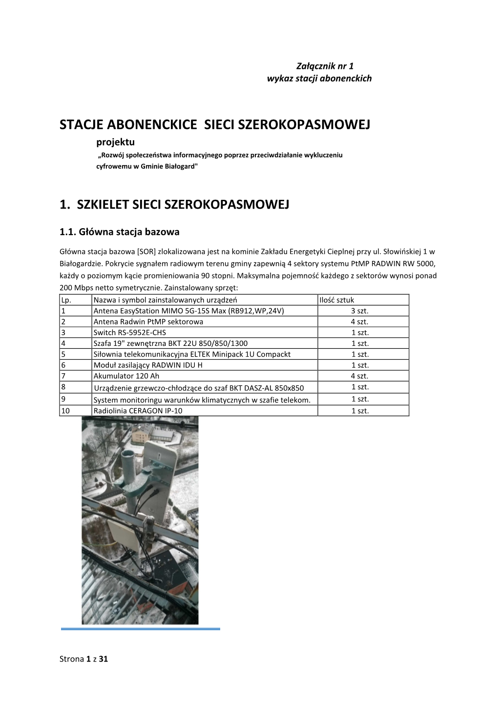 STACJE ABONENCKICE SIECI SZEROKOPASMOWEJ Projektu „Rozwój Społeczeństwa Informacyjnego Poprzez Przeciwdziałanie Wykluczeniu Cyfrowemu W Gminie Białogard"