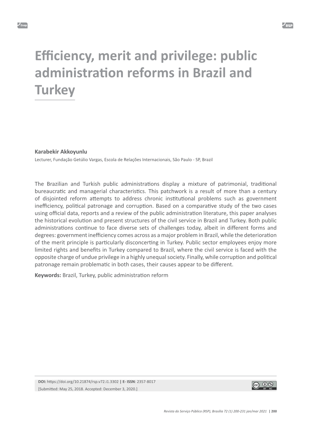 Efficiency, Merit and Privilege: Public Administration Reforms in Brazil and Turkey