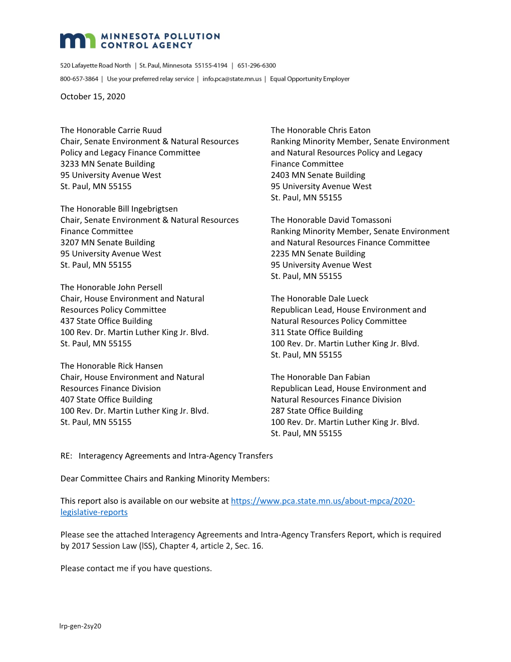 Lrp-Gen-2Sy20 Committee Chairs and Ranking Minority Members Page 2 October 15, 2020