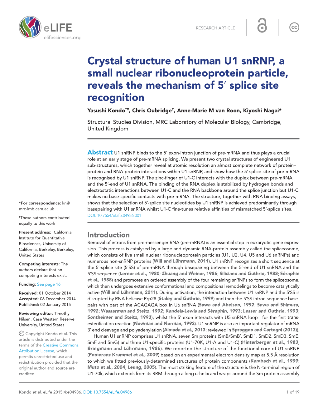 Crystal Structure of Human U1 Snrnp, a Small Nuclear Ribonucleoprotein