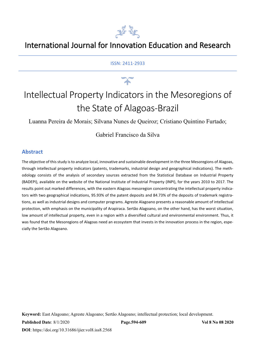Intellectual Property Indicators in the Mesoregions of the State of Alagoas-Brazil