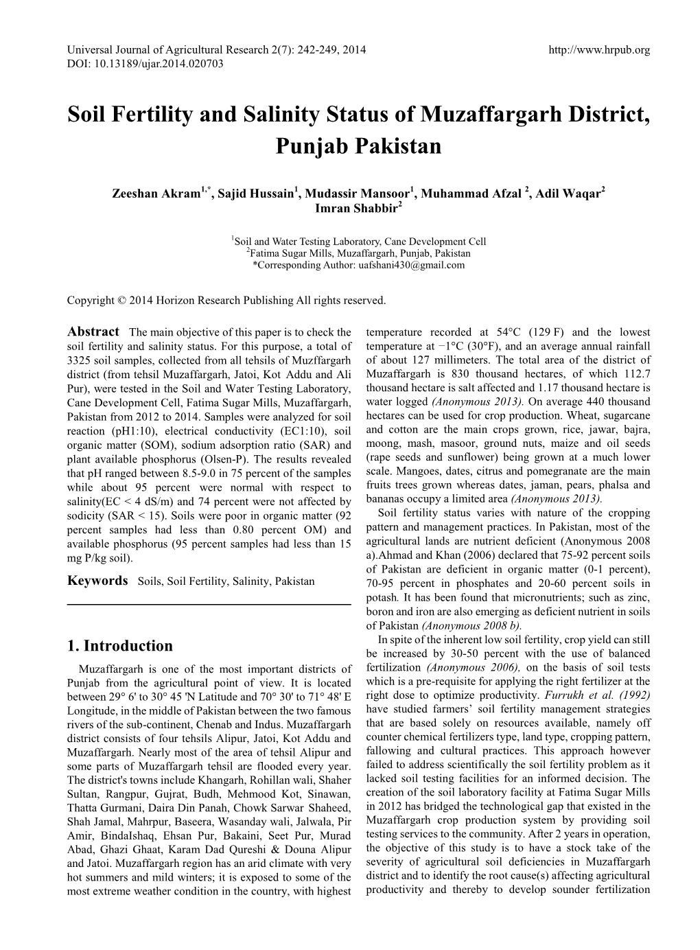 Soil Fertility and Salinity Status of Muzaffargarh District, Punjab Pakistan