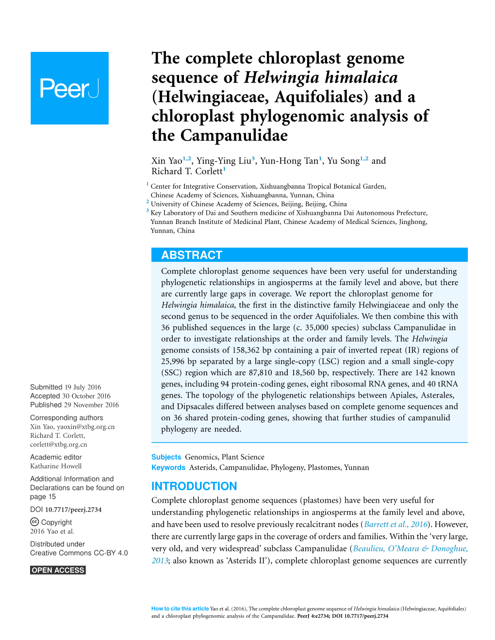 The Complete Chloroplast Genome Sequence of Helwingia Himalaica (Helwingiaceae, Aquifoliales) and a Chloroplast Phylogenomic Analysis of the Campanulidae