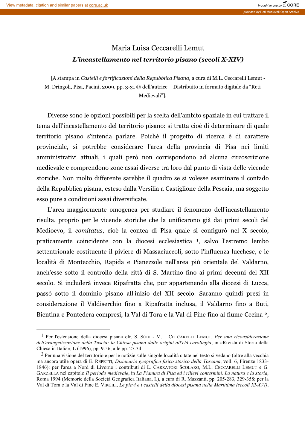Maria Luisa Ceccarelli Lemut L’Incastellamento Nel Territorio Pisano (Secoli X-XIV)