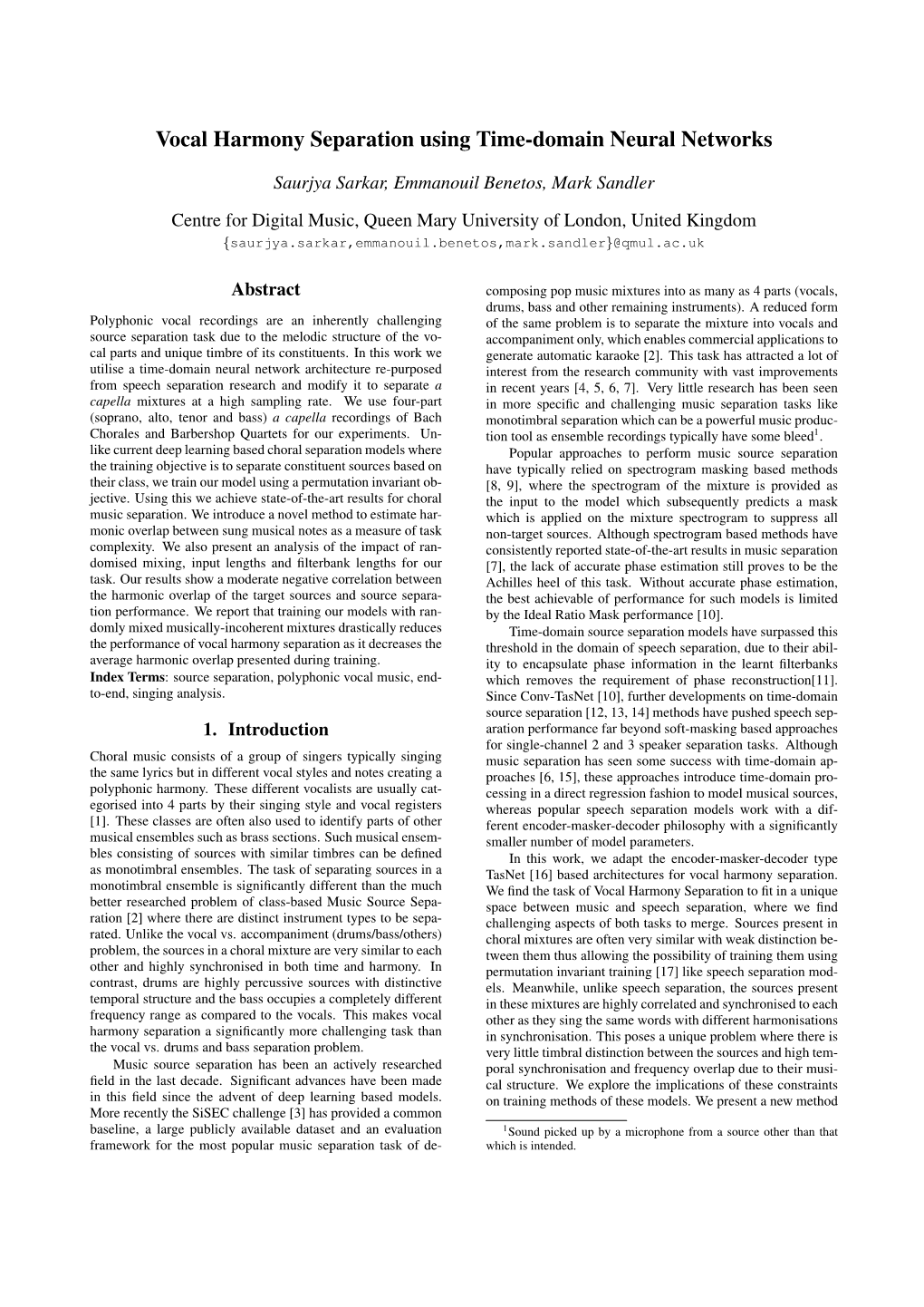 Vocal Harmony Separation Using Time-Domain Neural Networks