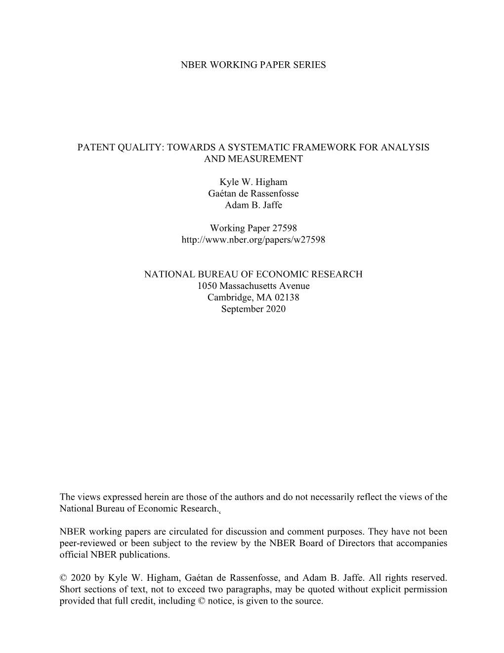Nber Working Paper Series Patent Quality