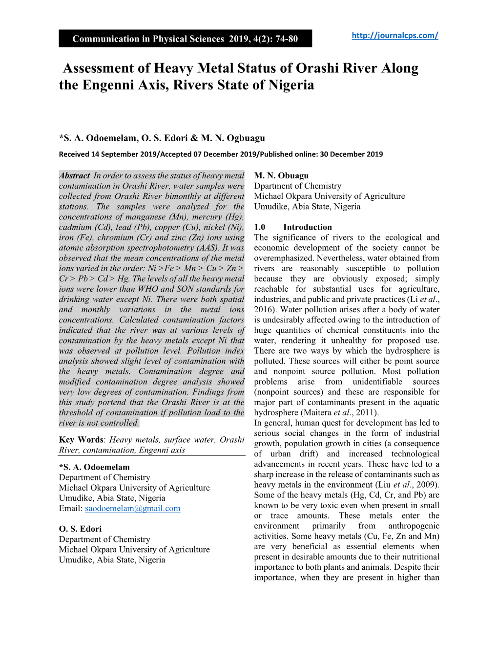 Assessment of Heavy Metal Status of Orashi River Along the Engenni Axis, Rivers State of Nigeria