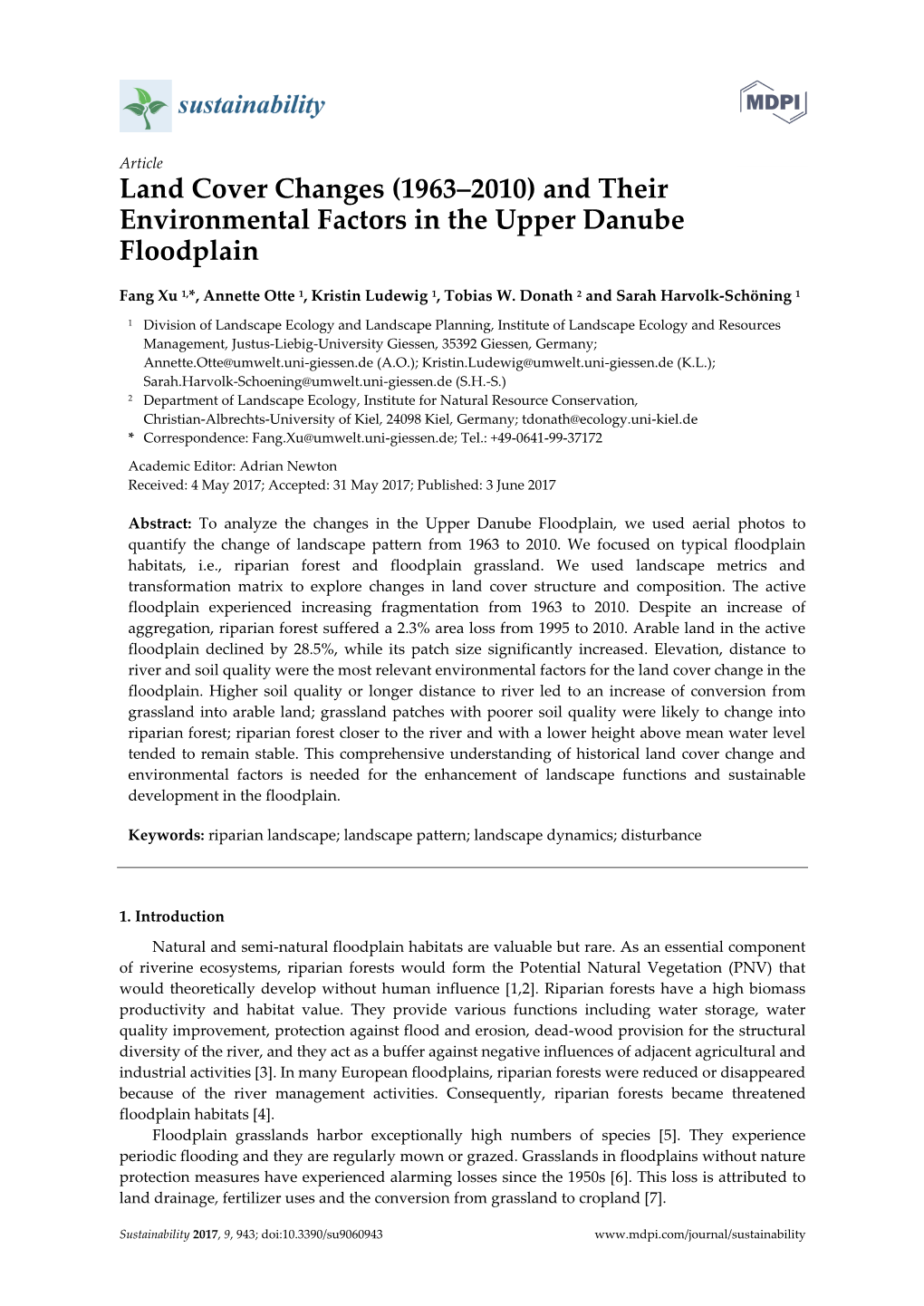 Article Land Cover Changes (1963–2010) and Their Environmental Factors in the Upper Danube Floodplain