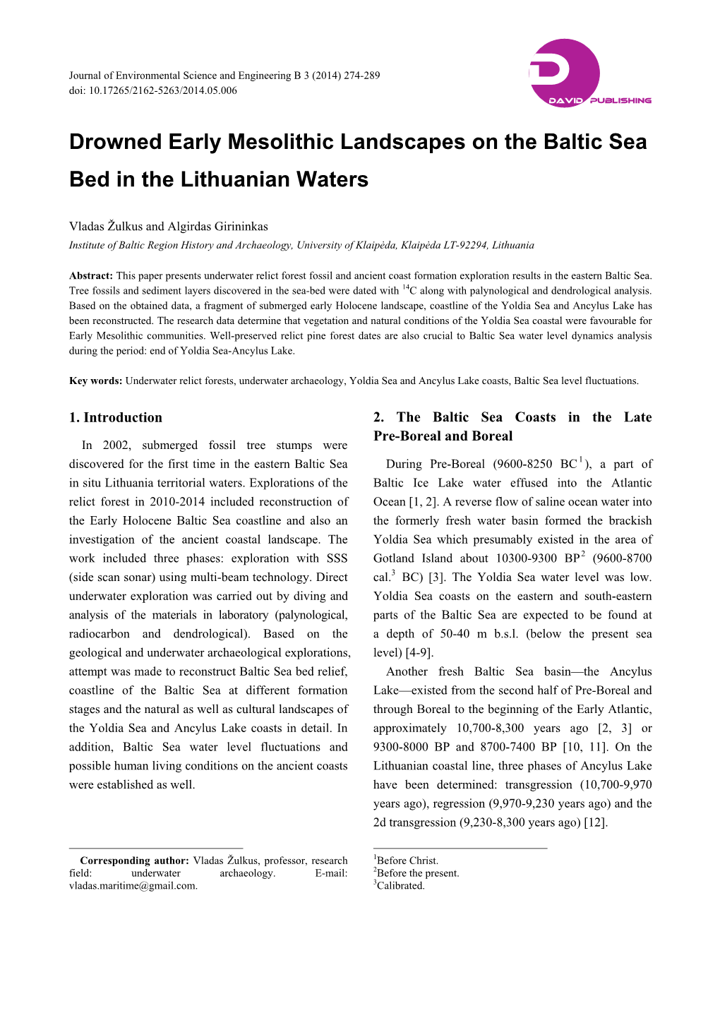 Drowned Early Mesolithic Landscapes on the Baltic Sea Bed in the Lithuanian Waters