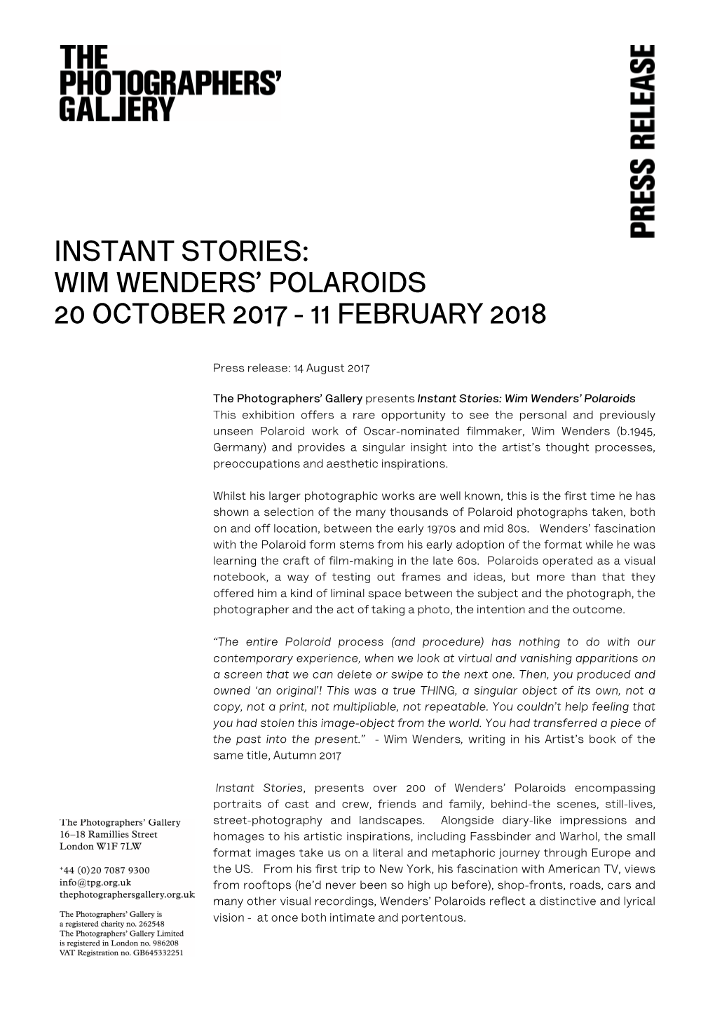 Wim Wenders' Polaroids 20 October 2017