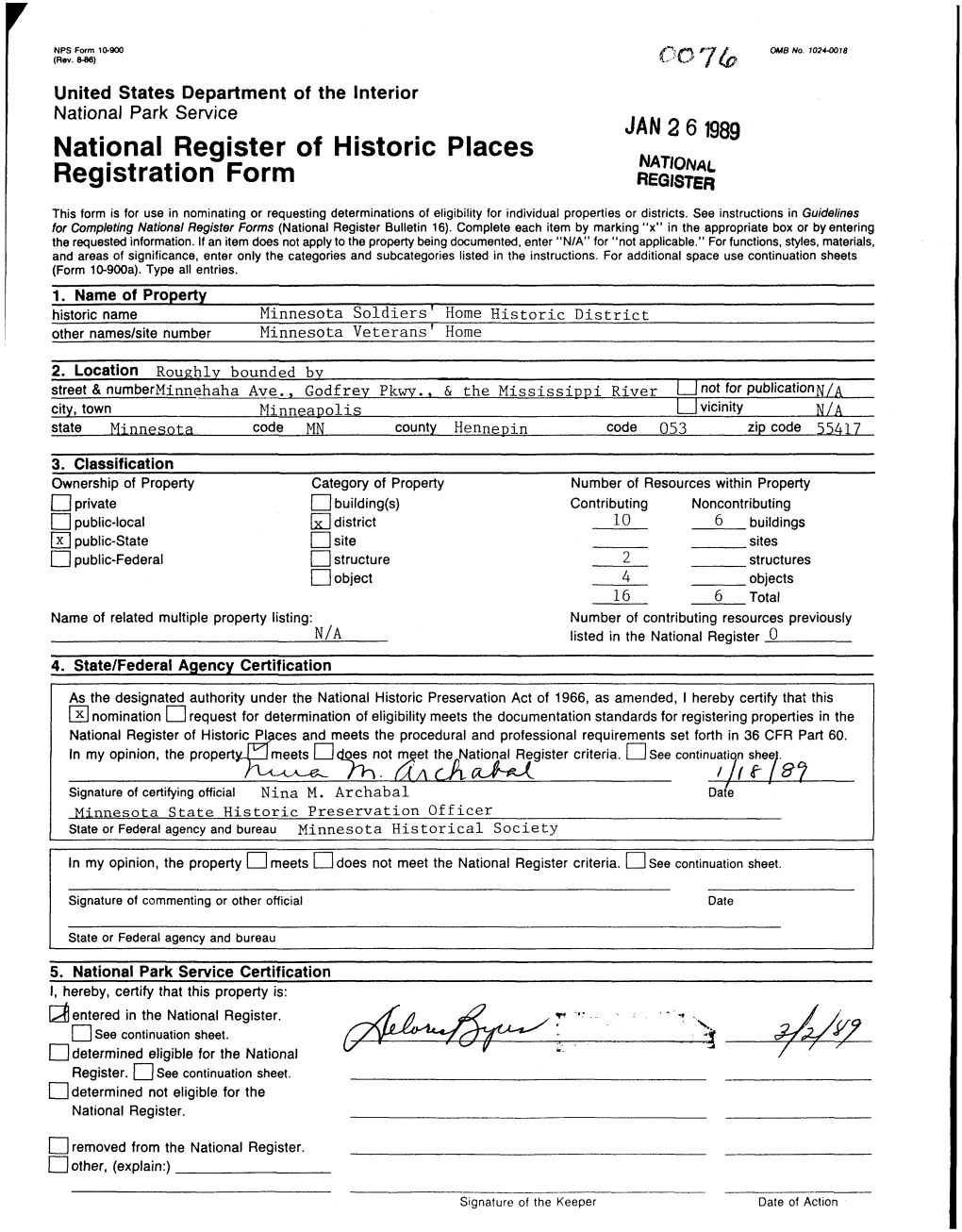 National Register of Historic Places Continuation Sheet Minnesota Soldiers' Home Historic District, Hennepin Co., MN Section Number 7 Page 1