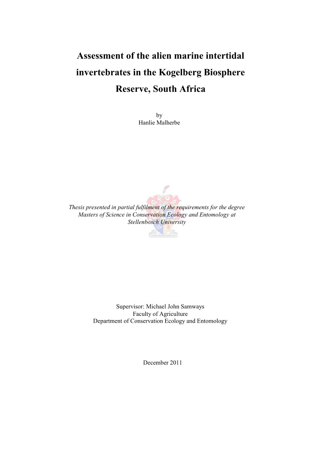 Assessment of the Alien Marine Intertidal Invertebrates in the Kogelberg Biosphere Reserve, South Africa