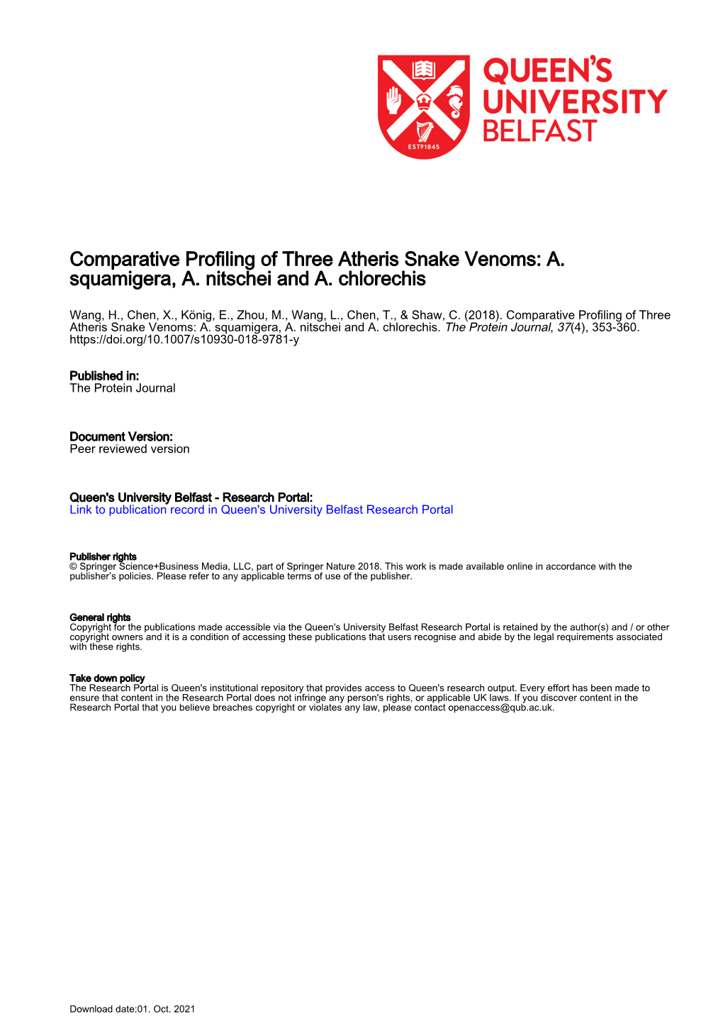 Comparative Profiling of Three Atheris Snake Venoms: A. Squamigera, A