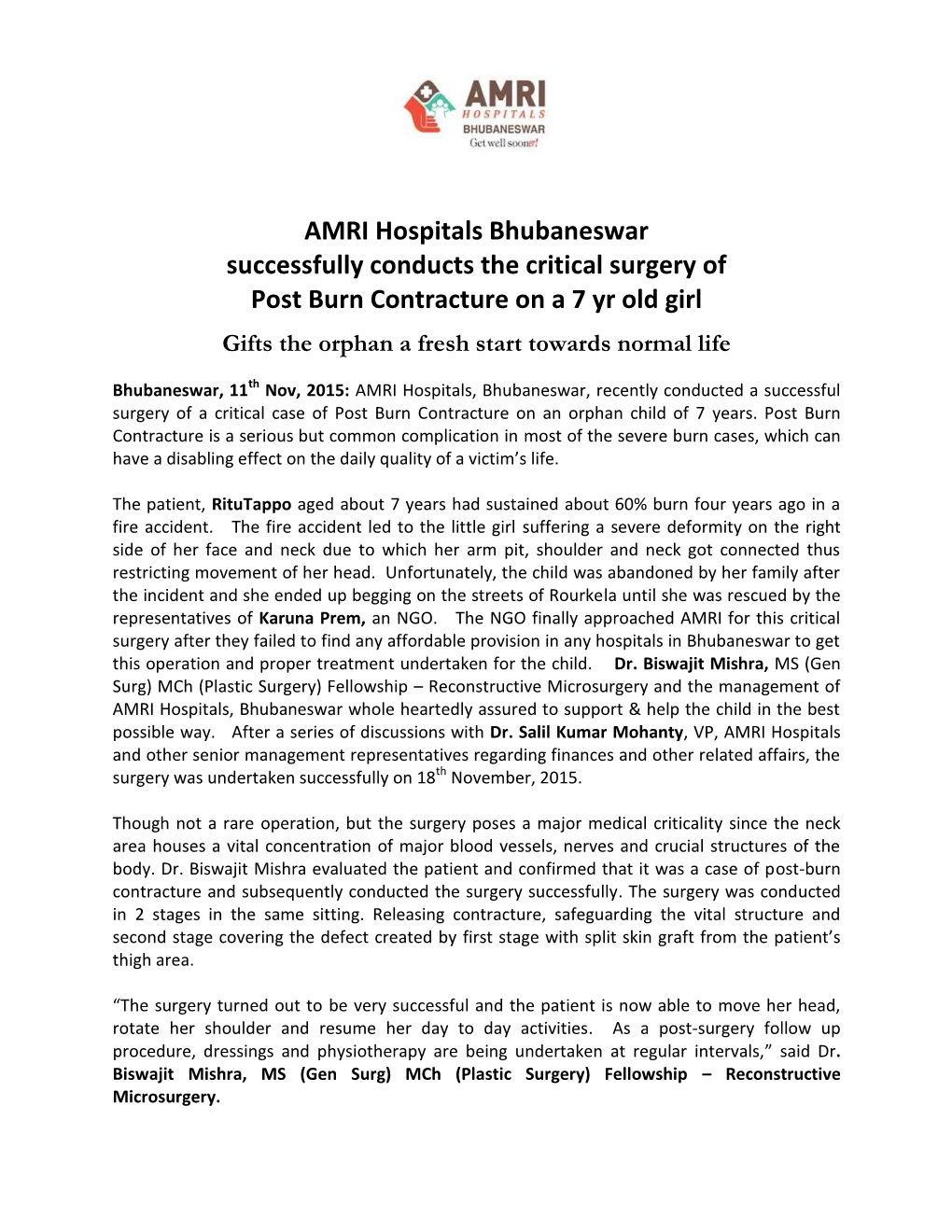 AMRI Hospitals Bhubaneswar Successfully Conducts the Critical Surgery of Post Burn Contracture on a 7 Yr Old Girl