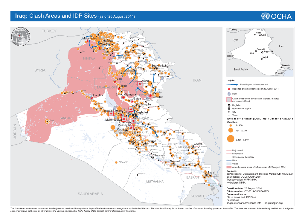 Iraq: Clash Areas and IDP Sites (As of 26 August 2014)