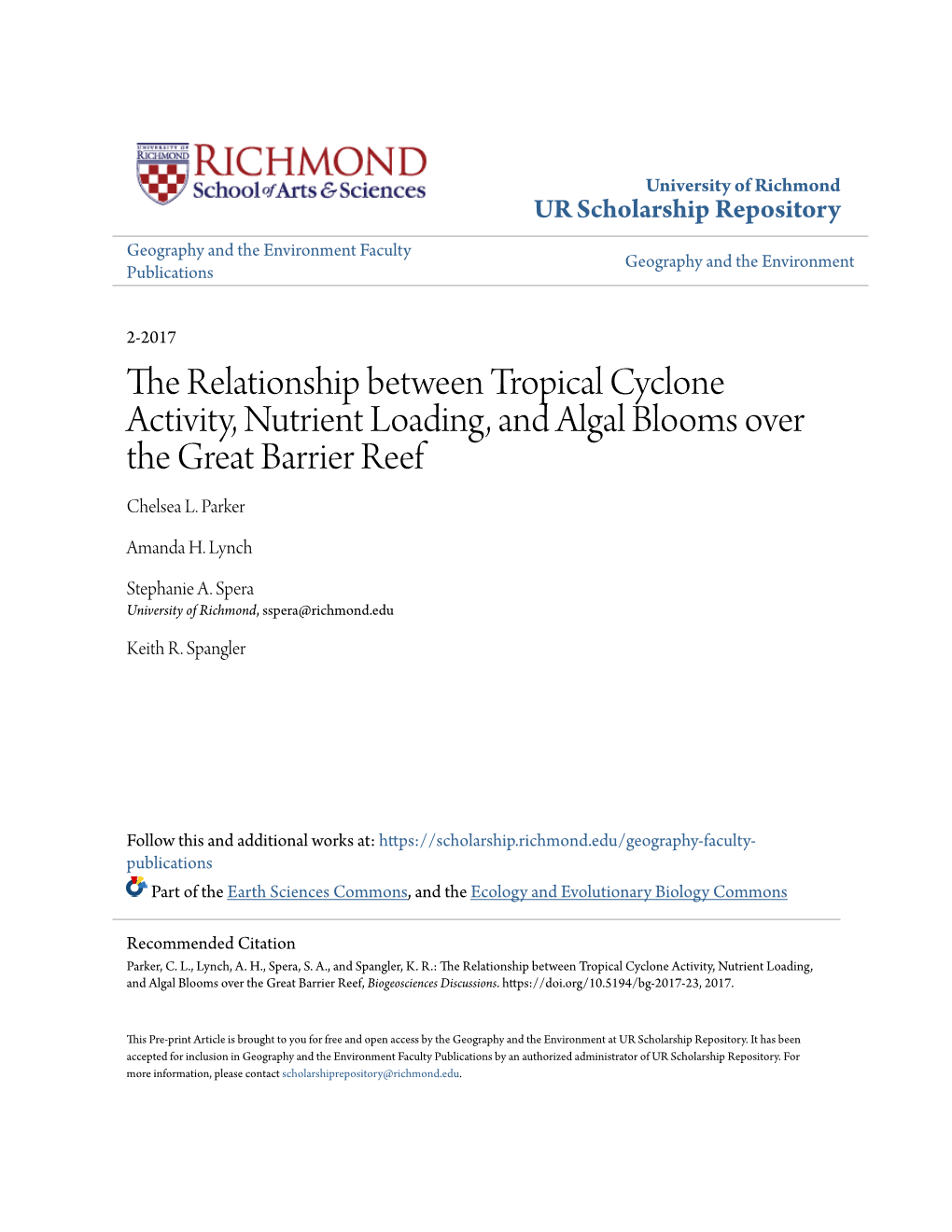 The Relationship Between Tropical Cyclone Activity, Nutrient Loading, and Algal Blooms Over the Great Barrier Reef Chelsea L