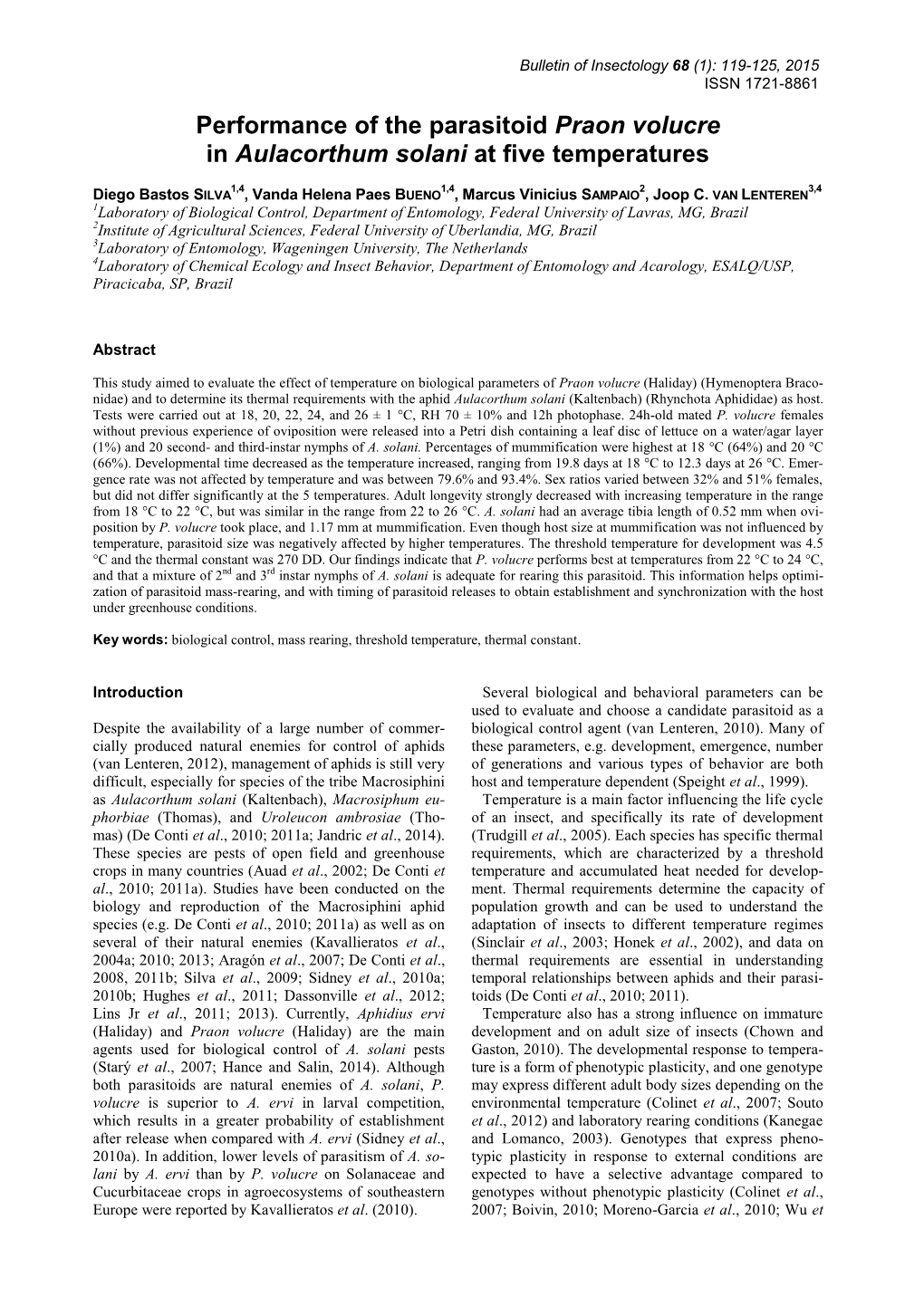 Performance of the Parasitoid Praon Volucre in Aulacorthum Solani at Five Temperatures