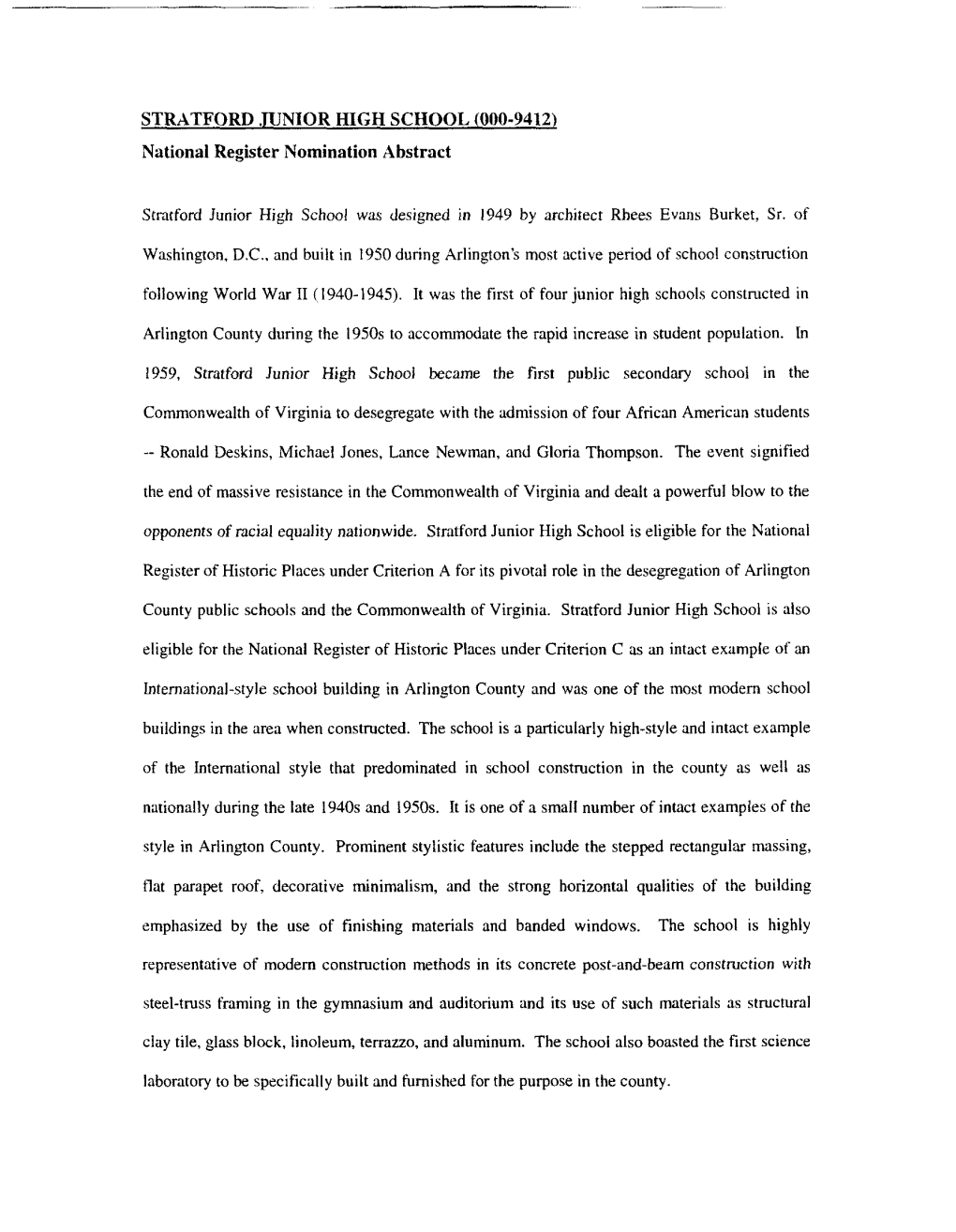 STRATFORD JUNIOR HIGH SCHOOL (000-9412) National Register Nomination Abstract