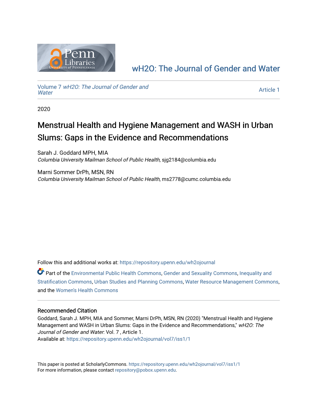 Menstrual Health and Hygiene Management and WASH in Urban Slums: Gaps in the Evidence and Recommendations