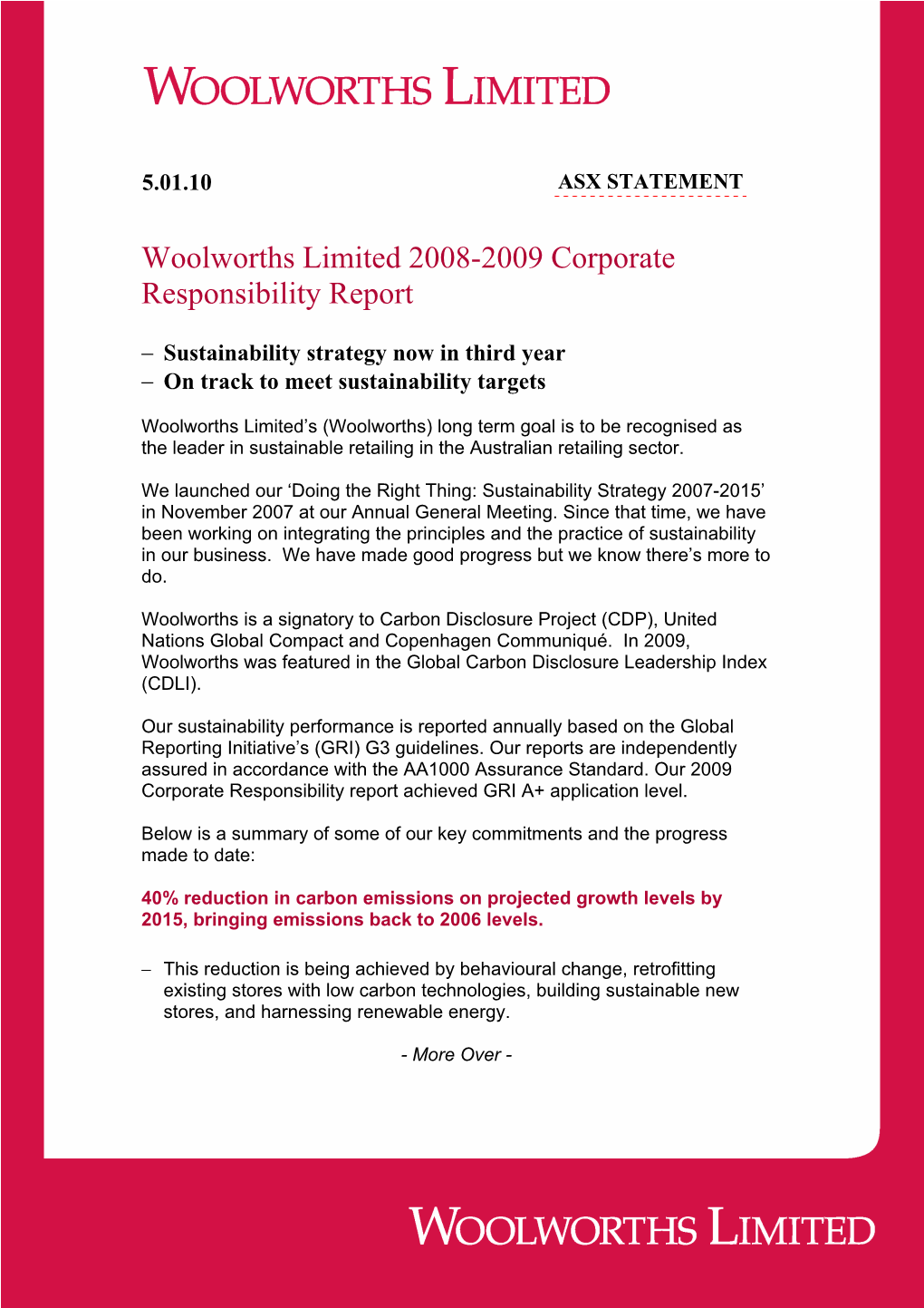 Woolworths Limited 2008-2009 Corporate Responsibility Report
