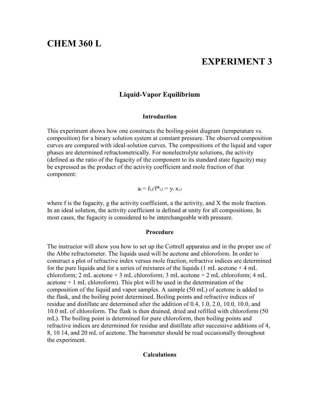 Experiment 3: Liquid-Vapor Equilibrium