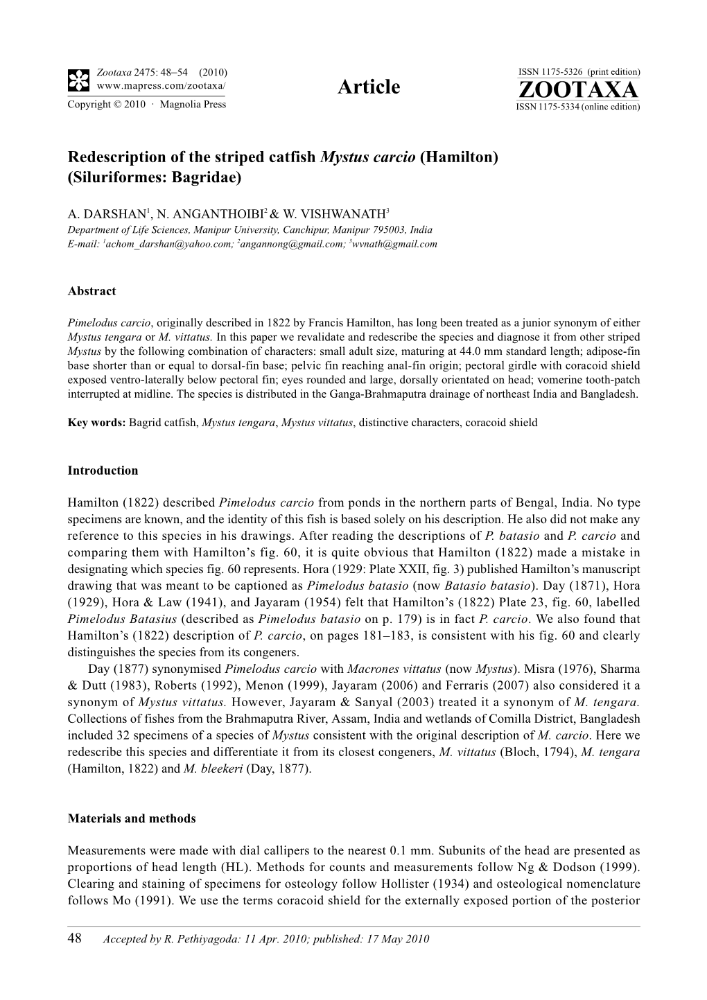 Zootaxa, Redescription of the Striped Catfish Mystus Carcio