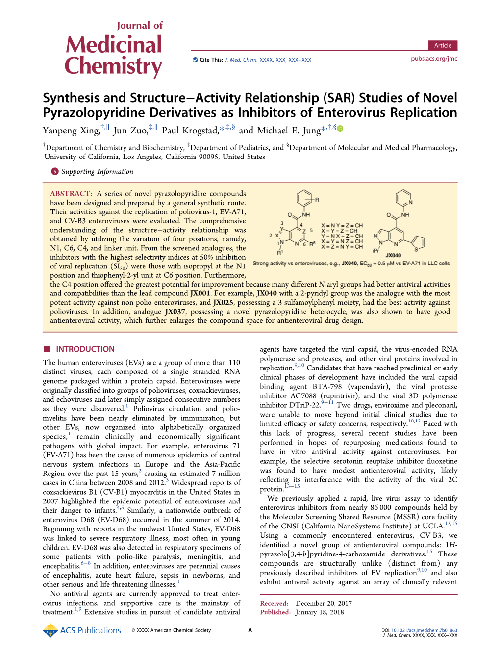 Synthesis and Structure–Activity Relationship (SAR) Studies of Novel Pyrazolopyridine Derivatives As Inhibitors of Enterovirus