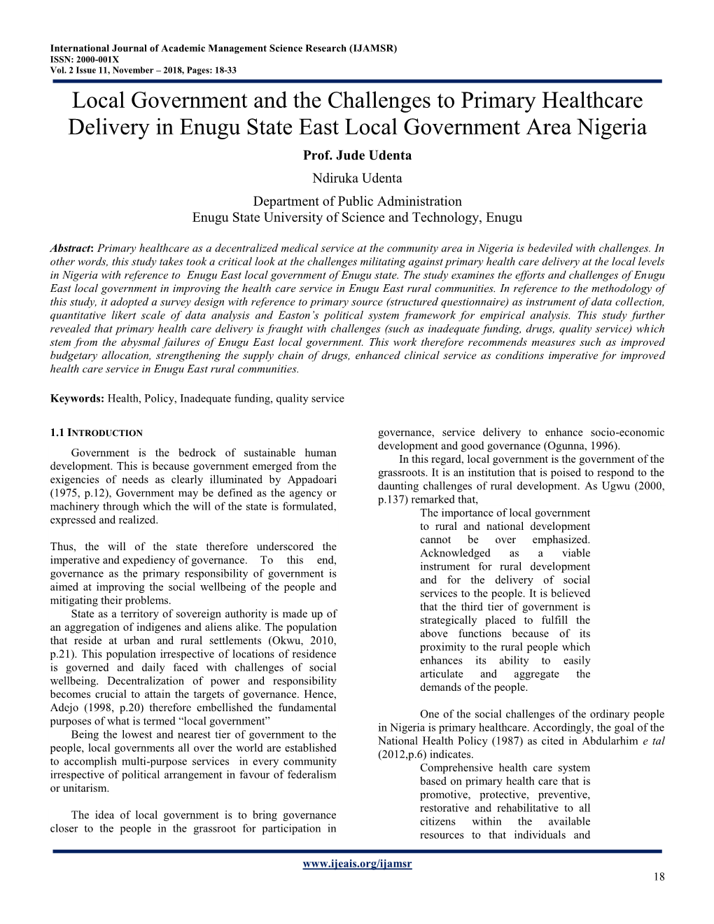 Local Government and the Challenges to Primary Healthcare Delivery in Enugu State East Local Government Area Nigeria Prof