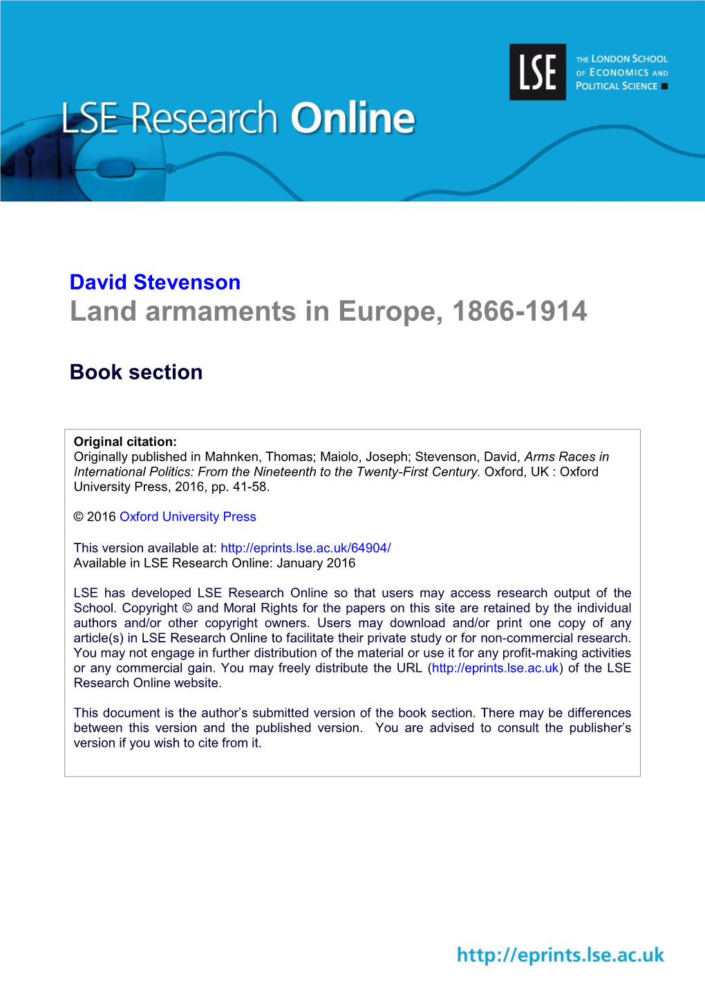 Land Armaments in Europe, 1866-1914