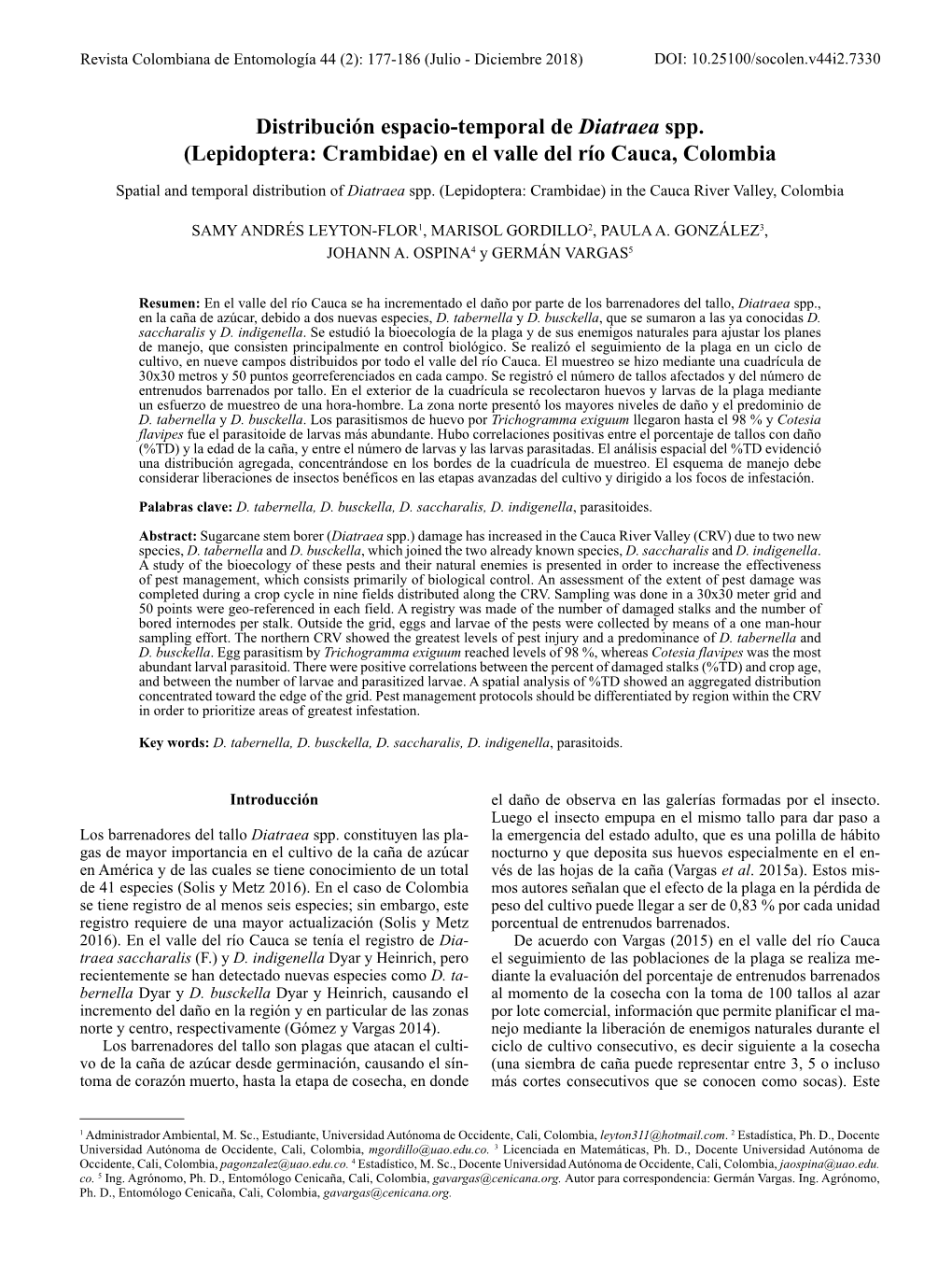 Distribución Espacio-Temporal De Diatraea Spp. (Lepidoptera: Crambidae) En El Valle Del Río Cauca, Colombia