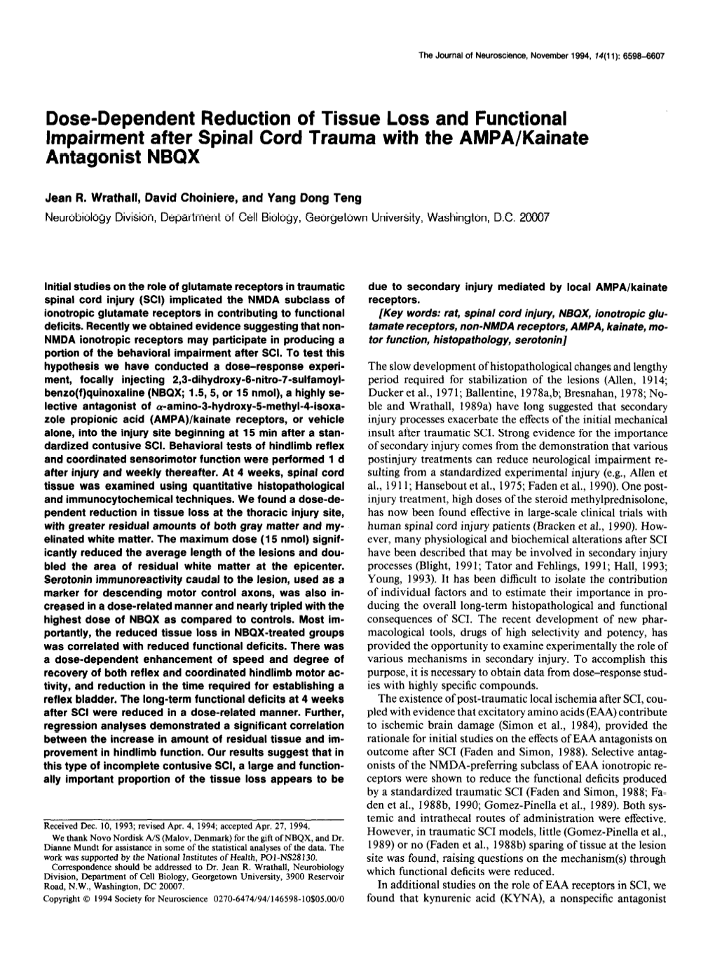 Dose-Dependent Reduction of Tissue Loss and Functional Impairment After Spinal Cord Trauma with the AMPA/Kainate Antagonist NBQX