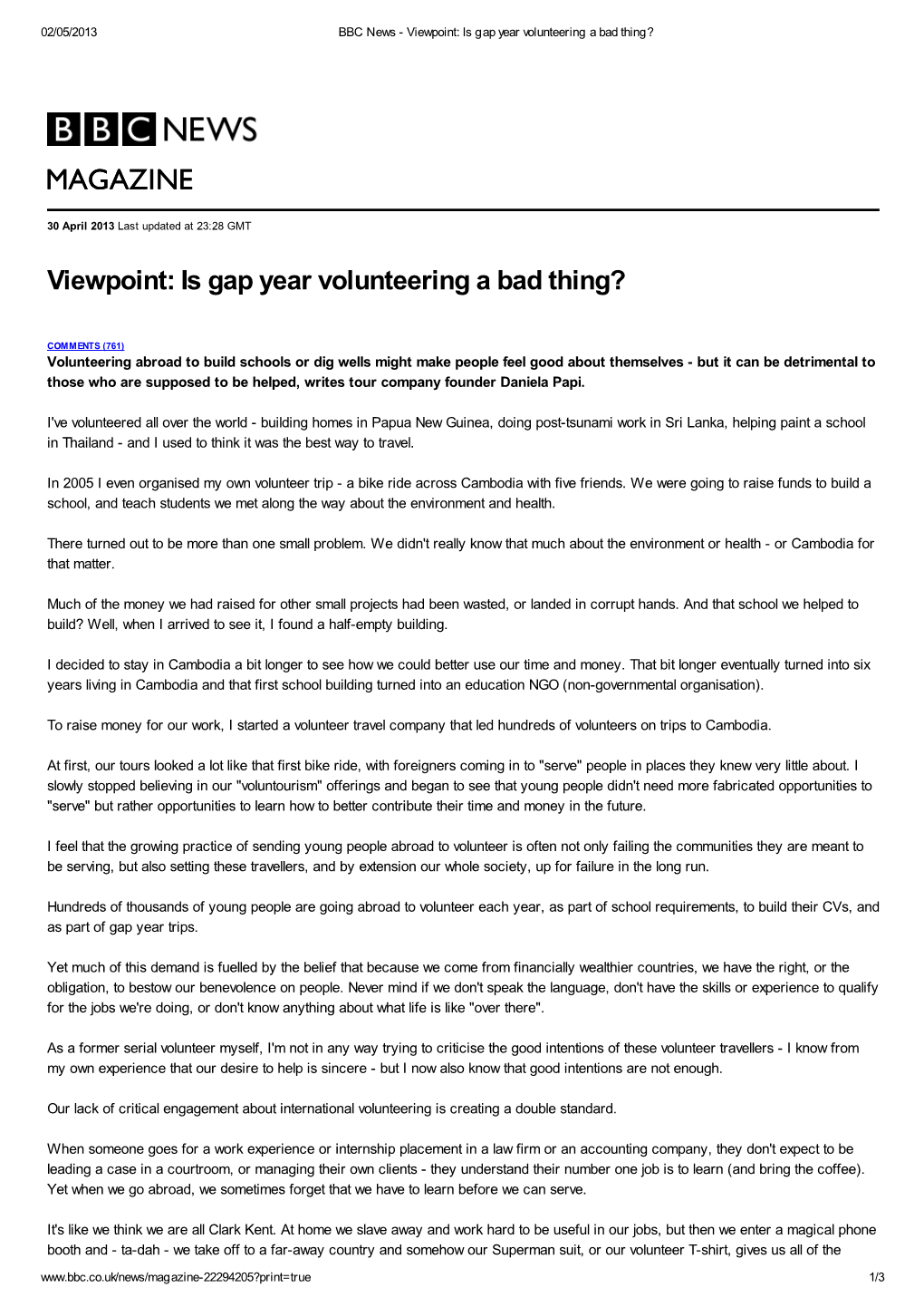 BBC: 'Is Gap Year Volunteering a Bad Thing?'