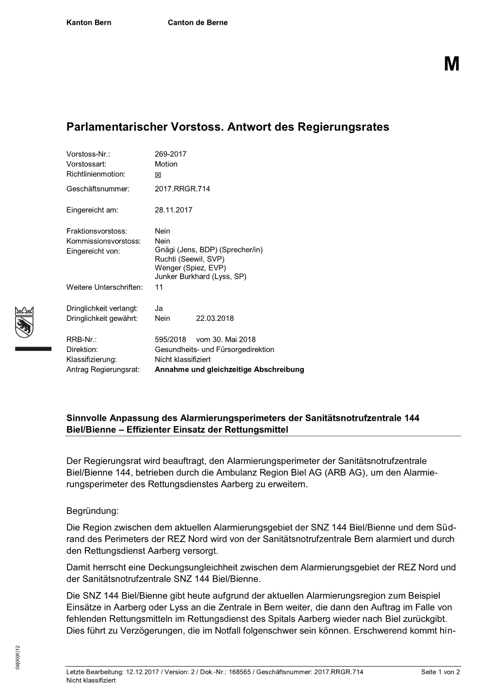 Parlamentarischer Vorstoss. Antwort Des Regierungsrates