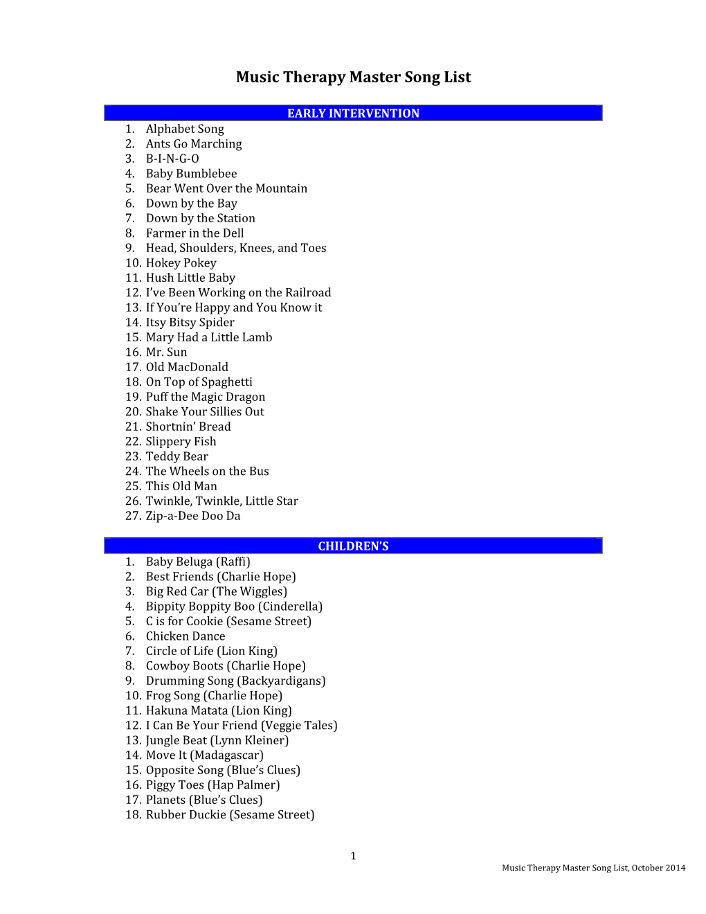 Music Therapy Master Song List